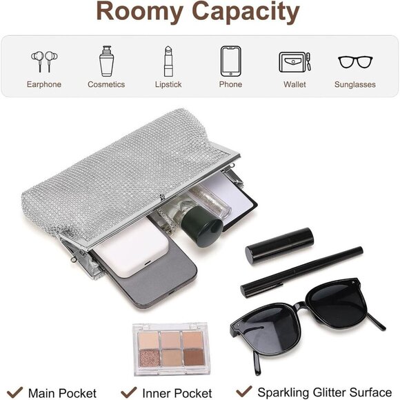 🆕Women Silver Polyester Crystal Rhinestone Evening Clutch Purse Crossbody - Picture 4 of 7